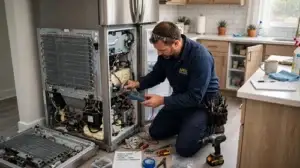 Technician servicing a refrigerator compressor in Petaluma