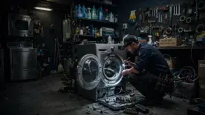 Appliance repair technician fixing a washing machine in a Petaluma home