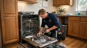 Technician repairing a dishwasher drain pump in Petaluma