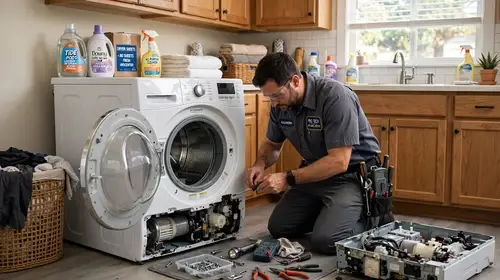 Technician repairing a washing machine in a Petaluma home
